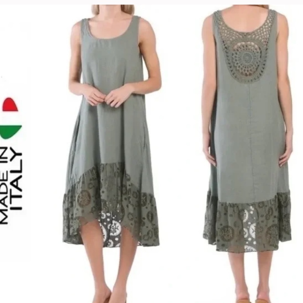 CHRISTINA VERGANI MIDI LINEN DRESS CROCHETED BACK SIZE L NWT MADE IN ITALY